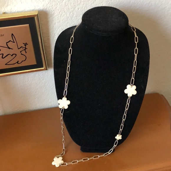 Silver-tone Chain Necklace w/ Cream Enamel Flowers - Picture 2 of 7